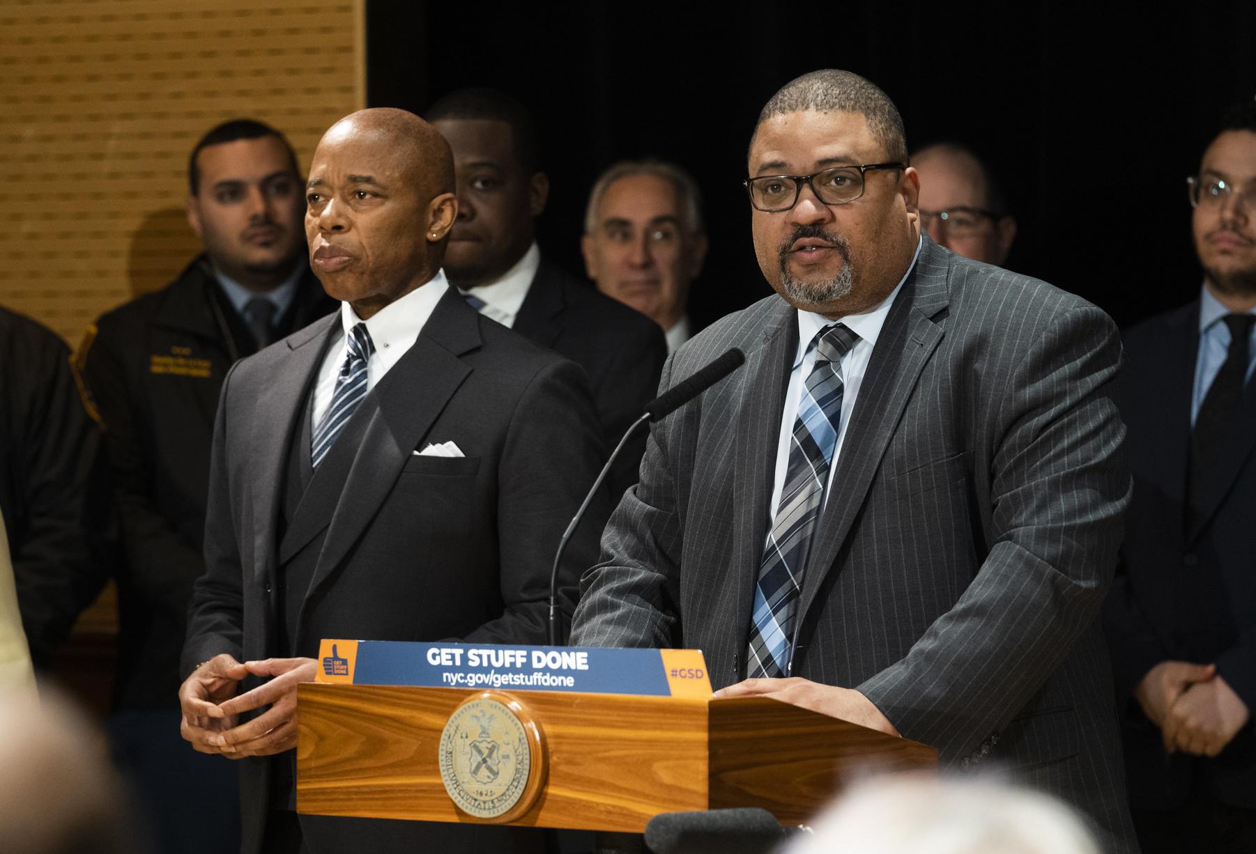 NYC Mayor Eric Adams and Manhattan District Attorney Alvin Bragg, announcing on Tuesday that retail landlords will be required to evict tenants selling marijuana without a license.