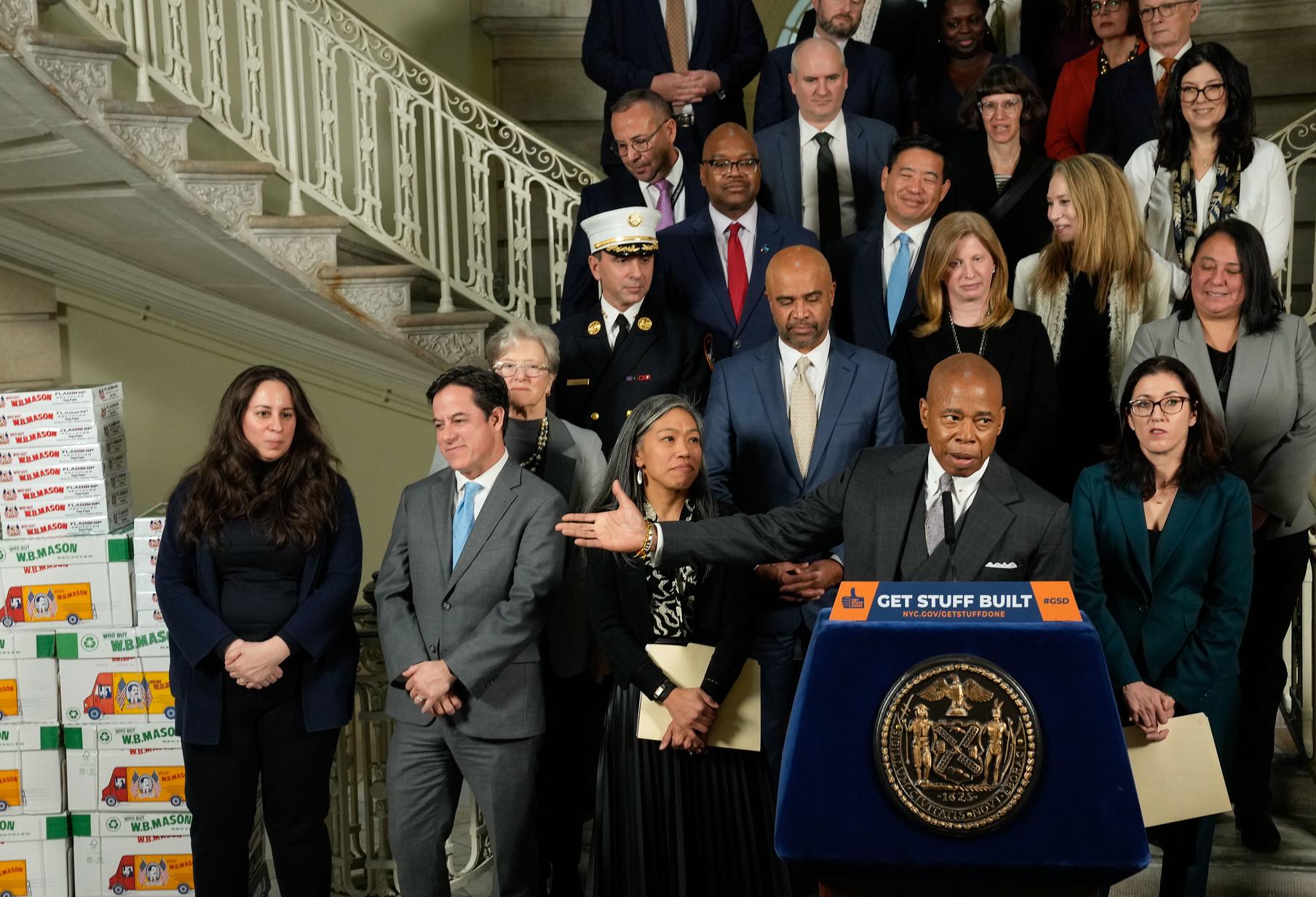 New York City Mayor Eric Adams introduces his sweeping housing production reform at City Hall on Thursday, December 8, 2022.