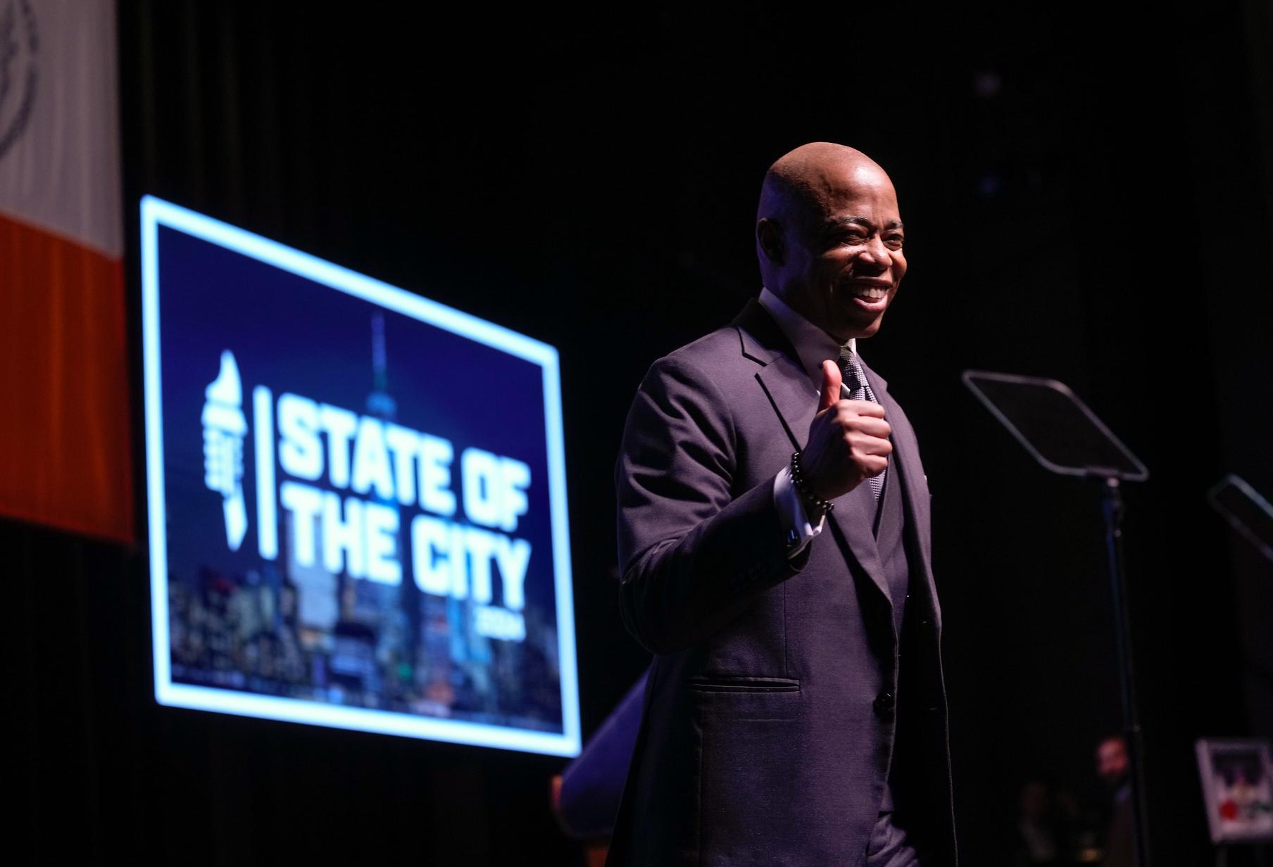 New York City Mayor Eric Adams onstage at his 2024 State of the City address.