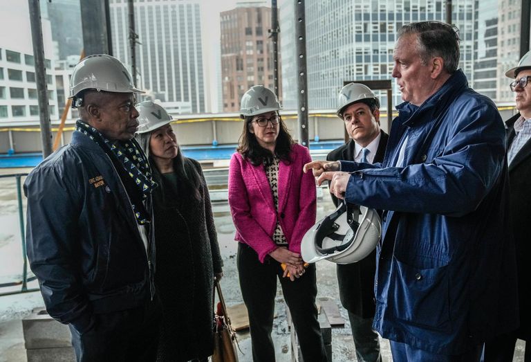 Mayor Eric Adams with Deputy Mayor Maria Torres-Springer, then-Chief Housing Officer Jessica Katz and Department of City Planning director Dan Garodnick at 160 Water St., an office building being converted into housing, in Lower Manhattan in 2023.