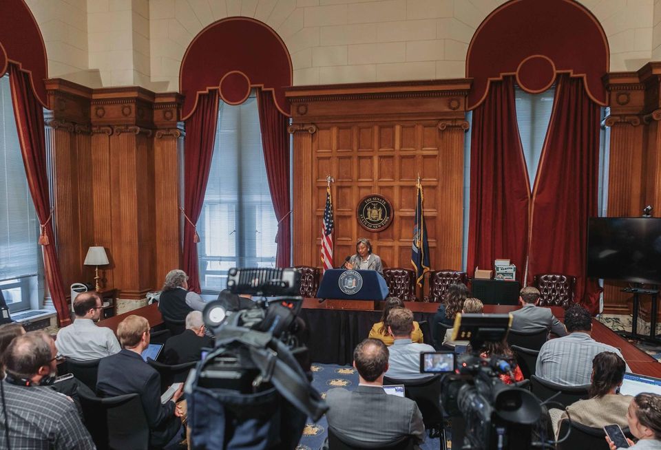 NYS Senate Majority Leader Andrea Stewart-Cousins holding a press conference in Albany earlier this week.
