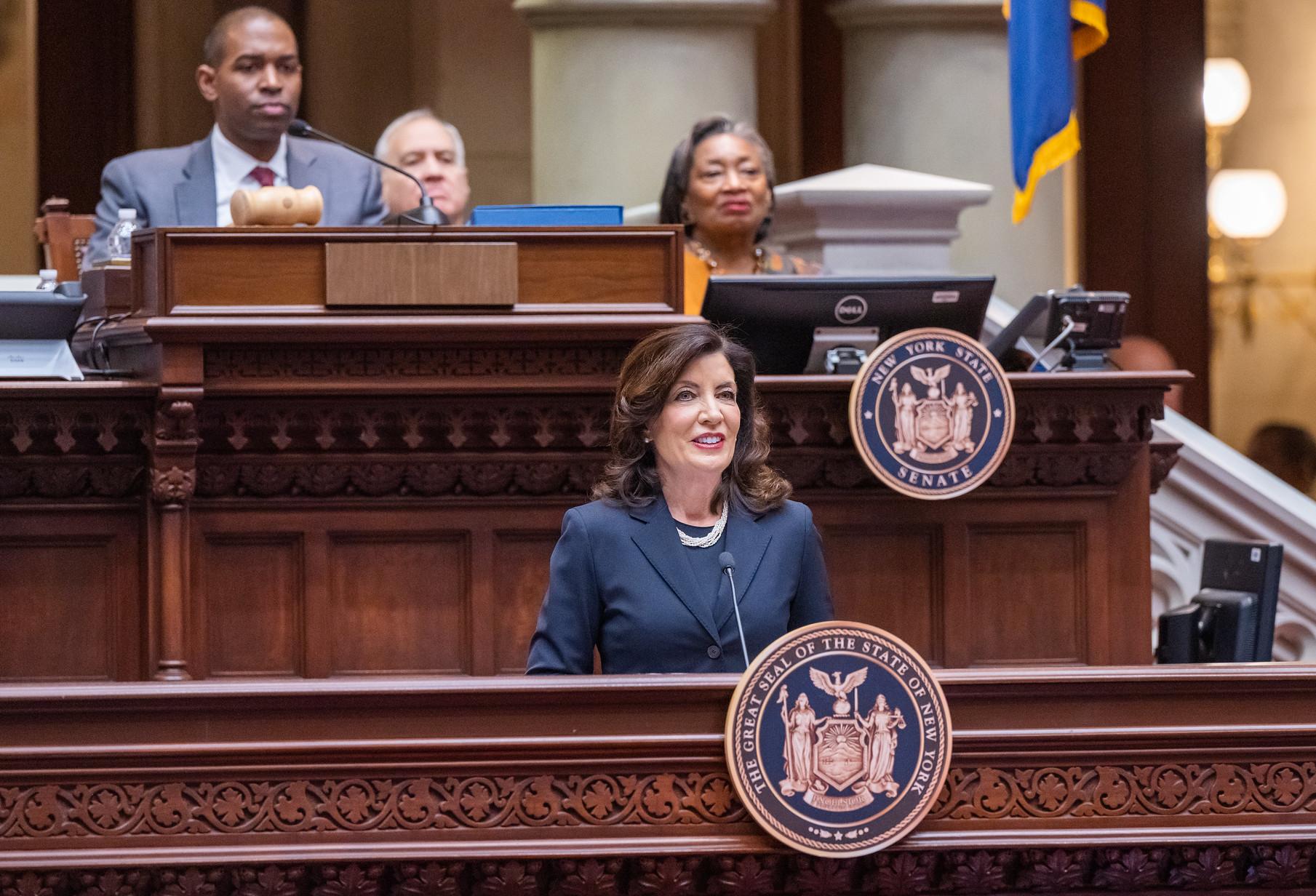 Gov. Kathy Hochul giving the 2023 State of the State address in Albany on Jan. 10, 2023.