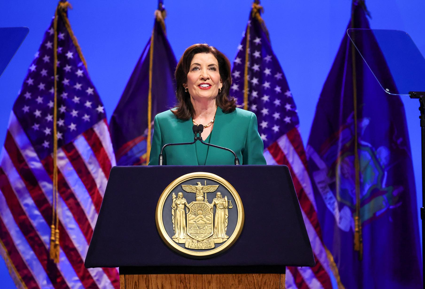 New York Gov. Kathy Hochul delivering her 2025 State of the State address.