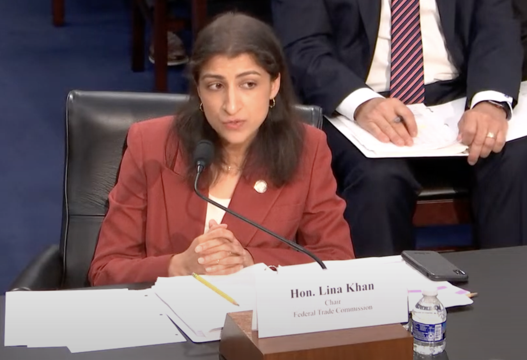 FTC Chair Lina Khan testifying at a congressional hearing in May. 