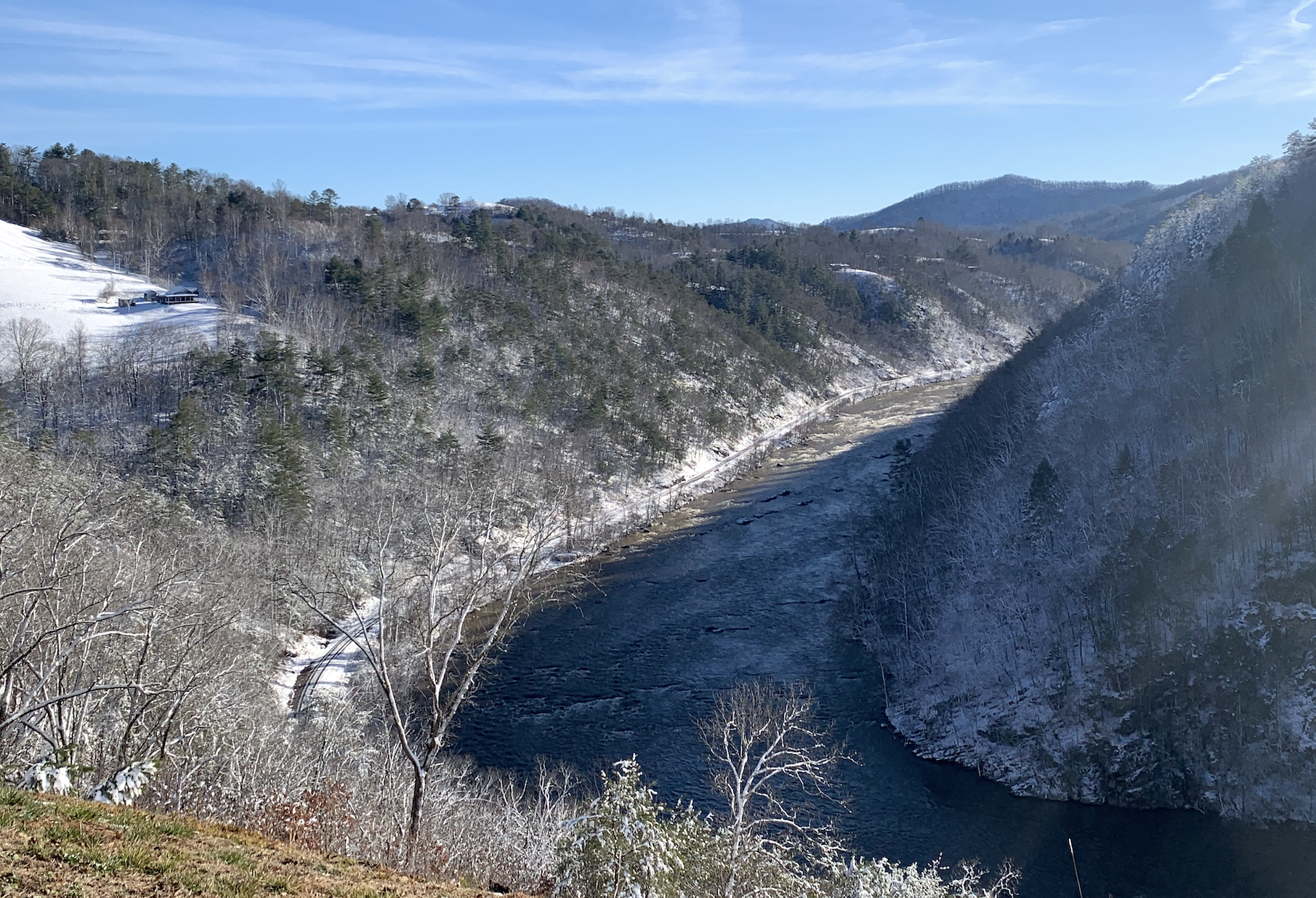 French Broad Crossing in Marshall, North Carolina, on the left bank of the French Broad River, was used as part of a land conservation tax fraud scheme by its developer, Jack Fisher.