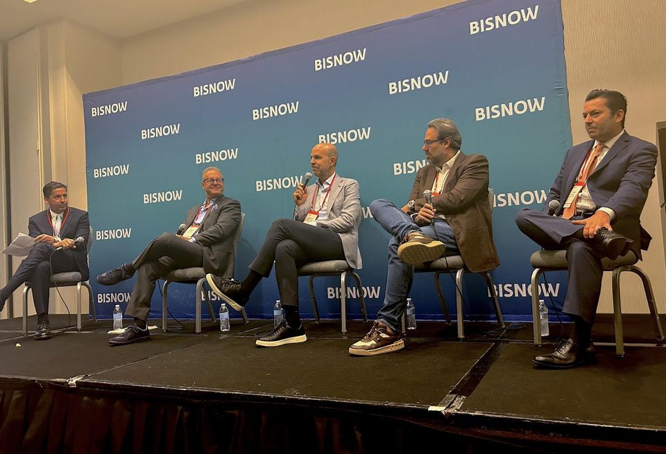 Greenberg Traurig’s Dan McCawley, Tate Capital’s Jimmy Tate, Newgard Development Group’s Harvey Hernandez, Moderno Development’s Doron Broman and The Boyd Co.’s John Boyd Jr. at Bisnow’s Broward County State of the Market event at the Fort Lauderdale Marriott Harbor Beach Resort & Spa on March 12.