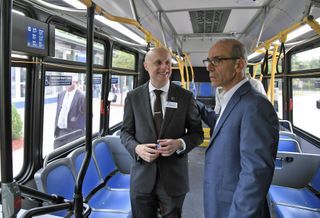 Former NYC Transit Authority President Andy Byford and Jimmy Oddo on board one of several new buses in a fleet being introduced to Staten Island during Oddo's tenure as Borough President.