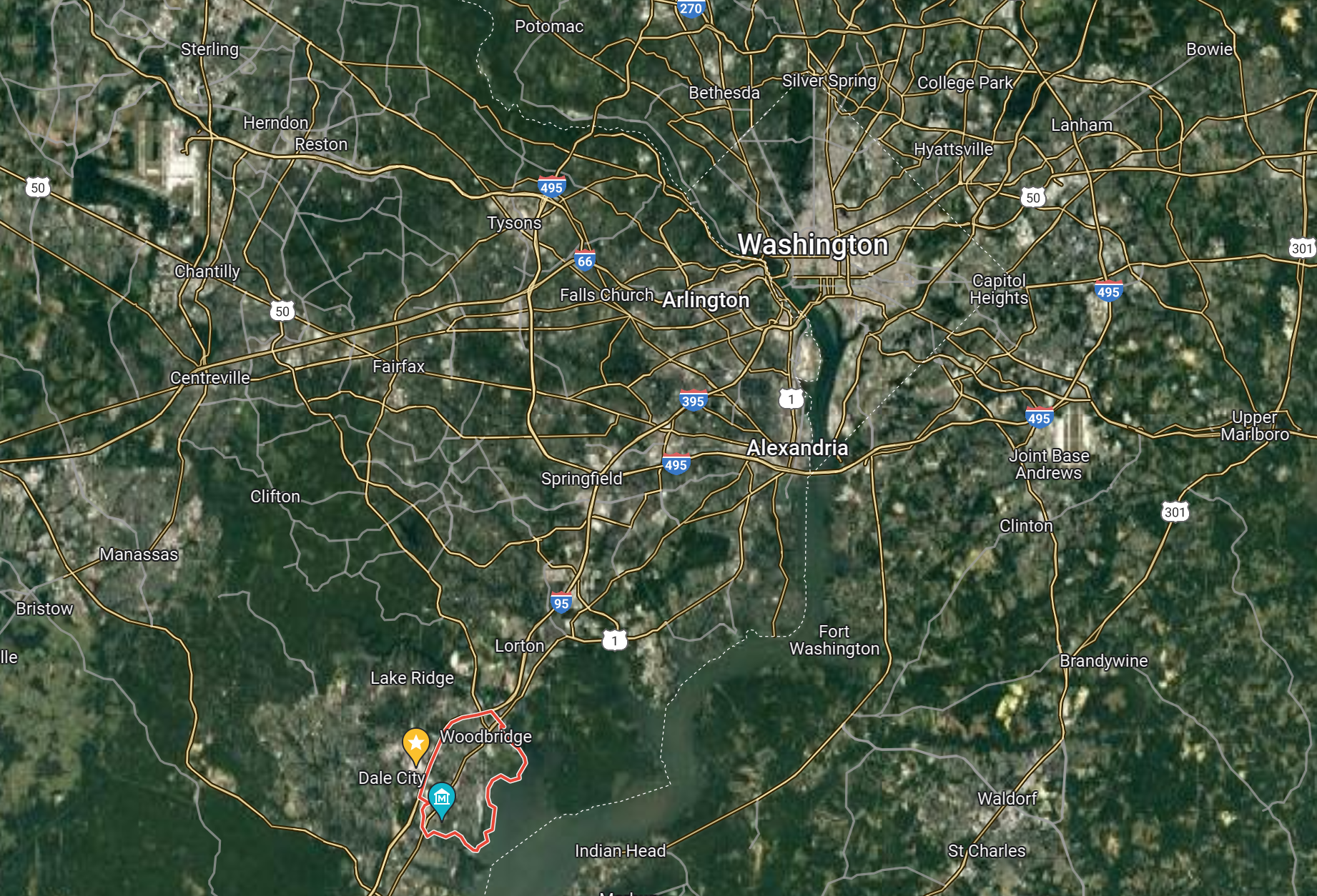 A map showing Washington D.C. in relation to the 200-acre site purchased by the Washington Commanders is in Woodbridge, outlined in red, near the Potomac Mills shopping center, noted with a star.