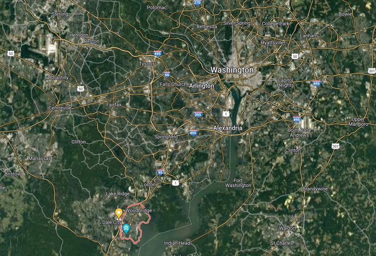 A map showing Washington D.C. in relation to the 200-acre site purchased by the Washington Commanders is in Woodbridge, outlined in red, near the Potomac Mills shopping center, noted with a star.