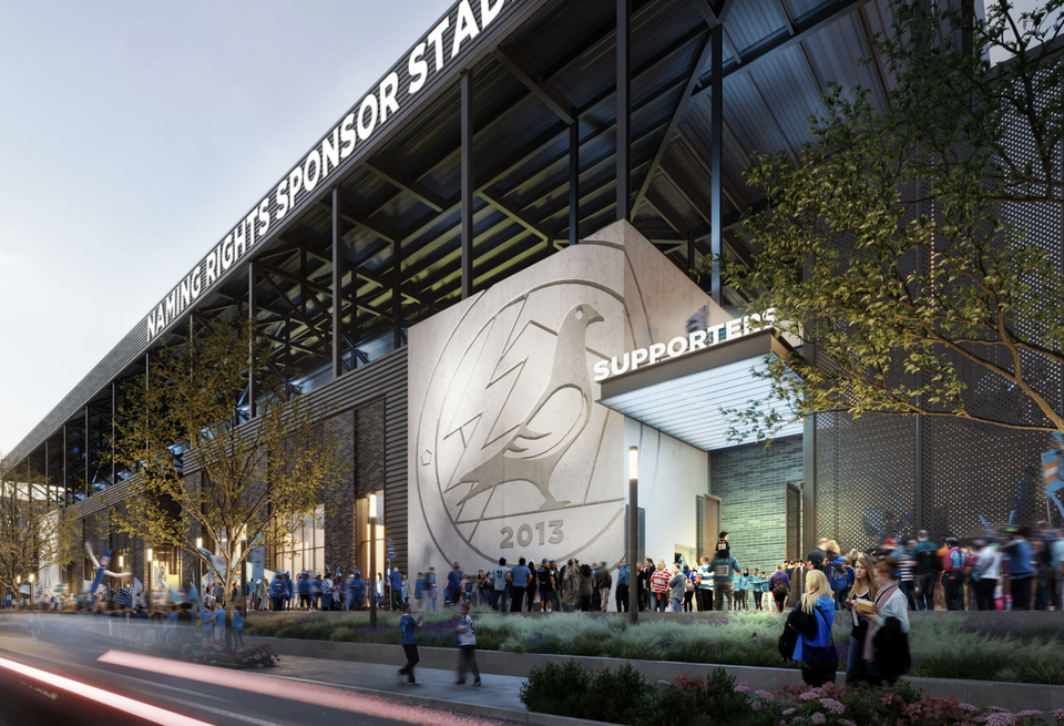 An updated rendering of the outside of the New York City Football Club's proposed stadium in Willet's Point, Queens.