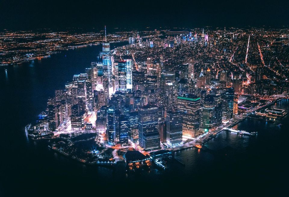 An aerial shot of the Lower Manhattan skyline