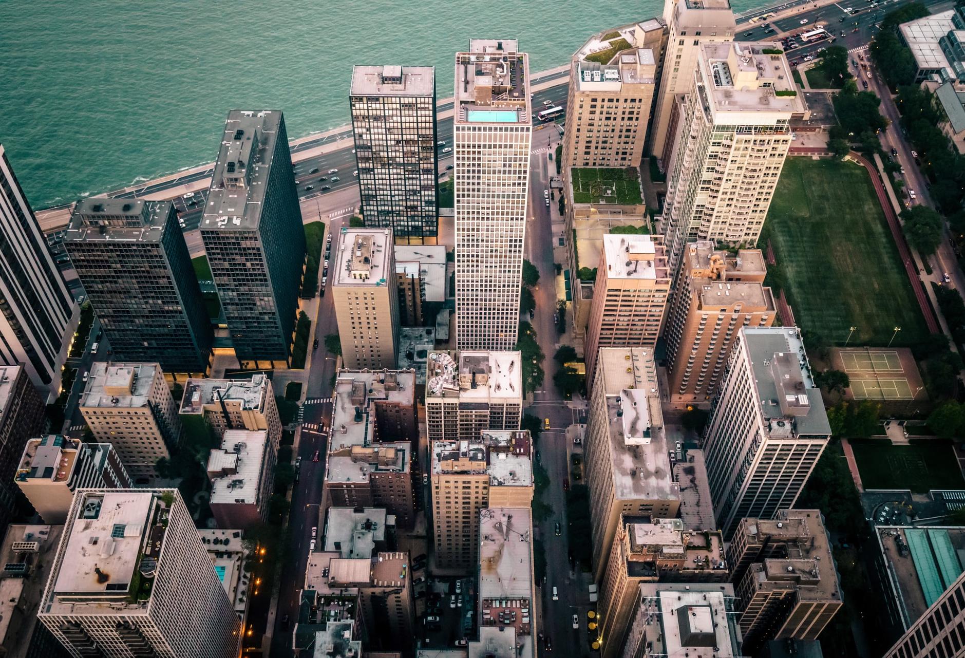 A view of the Chicago skyline from above.