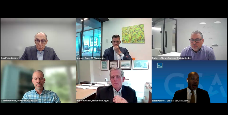 Gensler's Bob Peck, FD Stonewater's Norman Dong, Cushman & Wakefield's Darian LeBlanc, Mathews Associates' Dan mathews, Holland & Knight's Bob MacKichan and the GSA's Elliot Doomes on Bisnow's Federal Real Estate webinar.