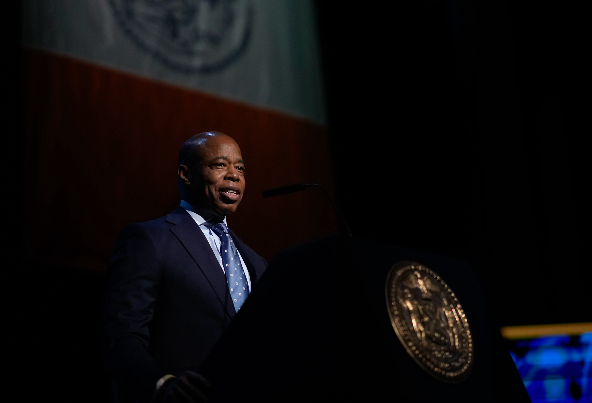 New York City Mayor Eric Adams, delivering his fourth — and potentially final — State of the City address at the Apollo Theater in Harlem in January 2025.