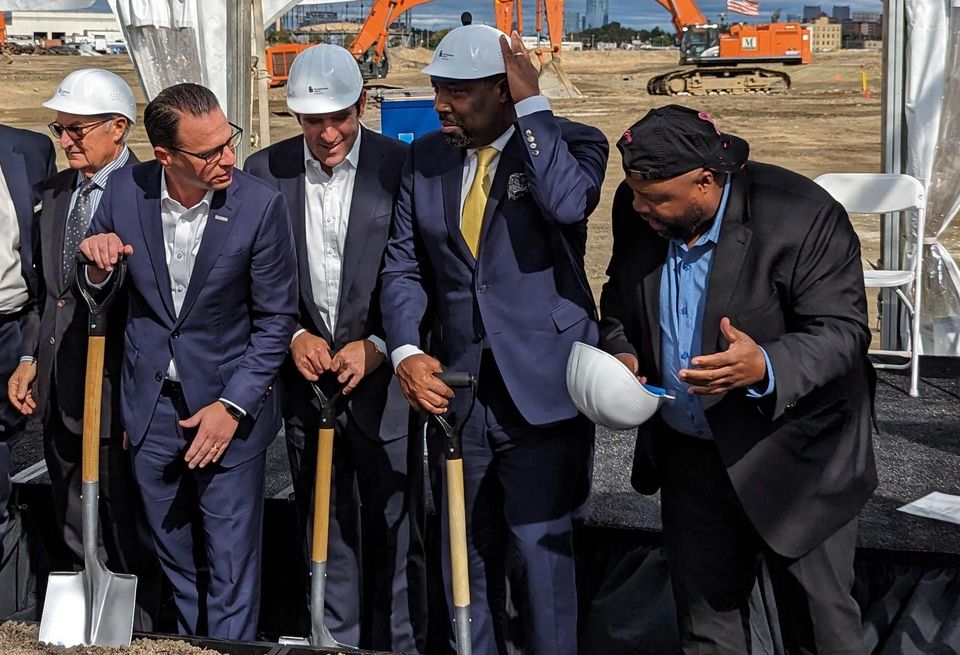 Gov. Josh Shapiro, Hilco Redevelopment Partners CEO Roberto Perez, Councilmember Kenyatta Johnson and Building Trades Council head Ryan Boyer