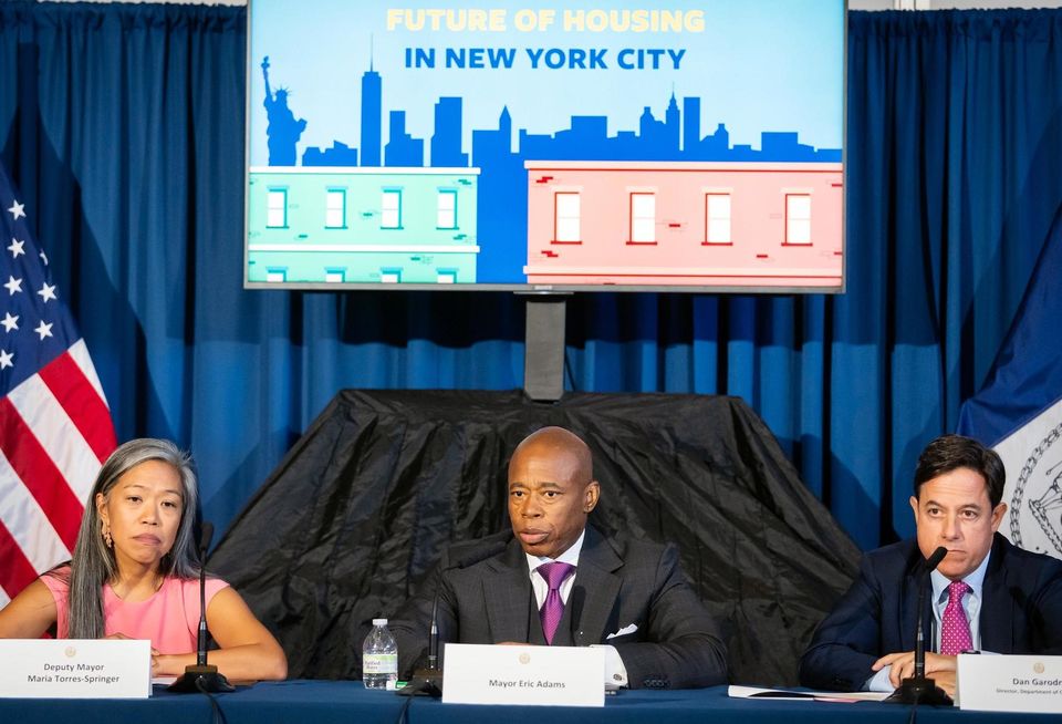 Garodnick talking about the future of housing with Deputy Mayor Maria Torres-Springer and Mayor Eric Adams in September 2023.
