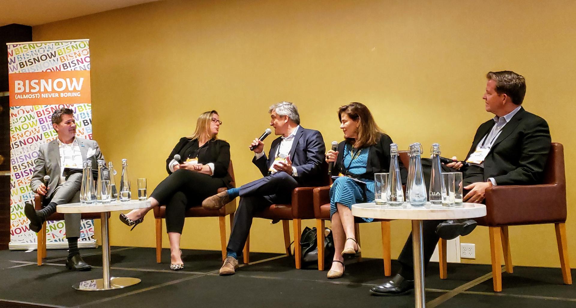 CorbisStudio Growth's Brian Dyches, CallisonRTKL's Kelly Farrell, HKS Architects' Scott Hunter, Studio-MLA's Mia Lehrer and OJB Landscape Architecture's Jim Burnett at Bisnow's Architecture and Design Summit at the LA Grand Hotel in downtown Los Angeles.

