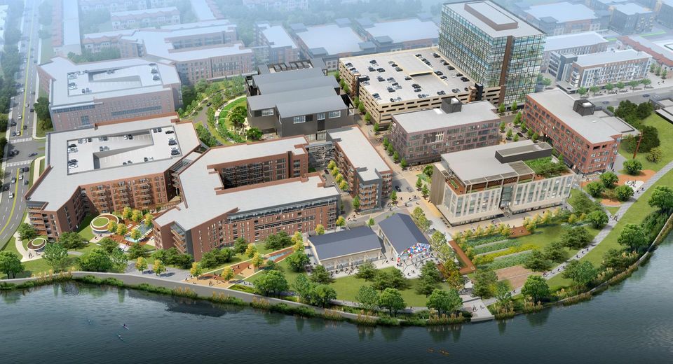 An aerial rendering of Midway's 150-acre East River redevelopment project in Houston's Fifth Ward.