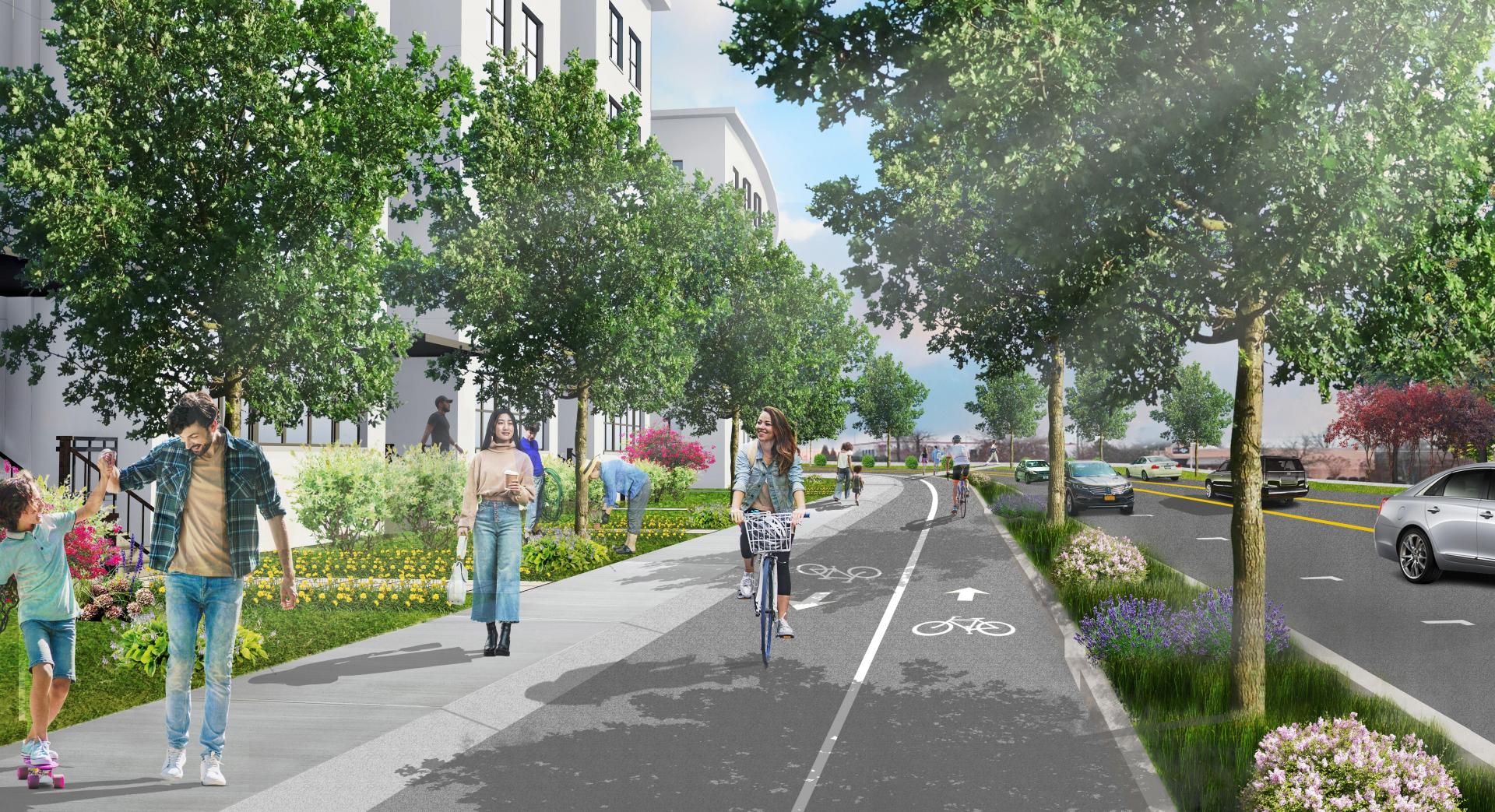 A rendering shows the proposed transformation of Ring Road to accommodate pedestrians, bikes and cars for the Global Villages development.
