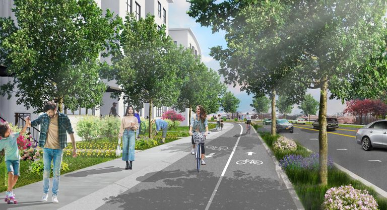 A rendering shows the proposed transformation of Ring Road to accommodate pedestrians, bikes and cars for the Global Villages development.