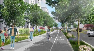 A rendering shows the proposed transformation of Ring Road to accommodate pedestrians, bikes and cars for the Global Villages development.
