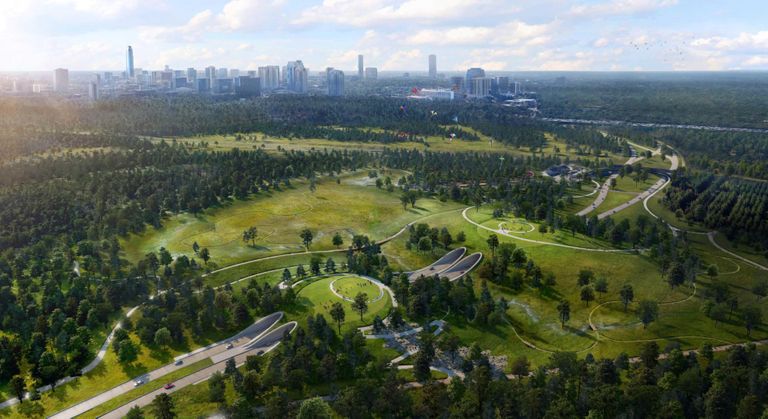 A rendering of the land bridge under construction in Houston's Memorial Park, facing west.