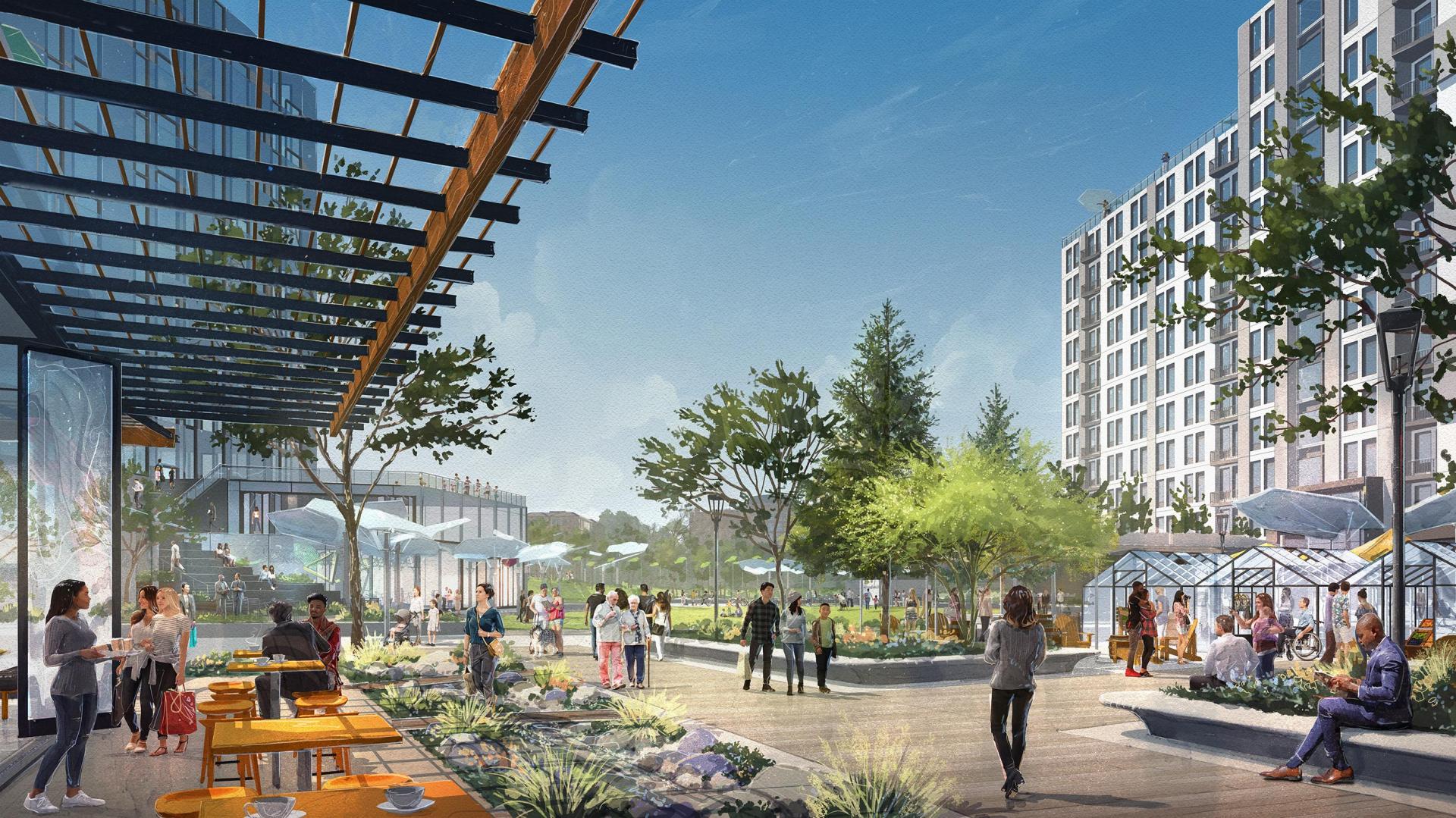 A rendering of the proposed market place and open space at Cherry Creek West. 