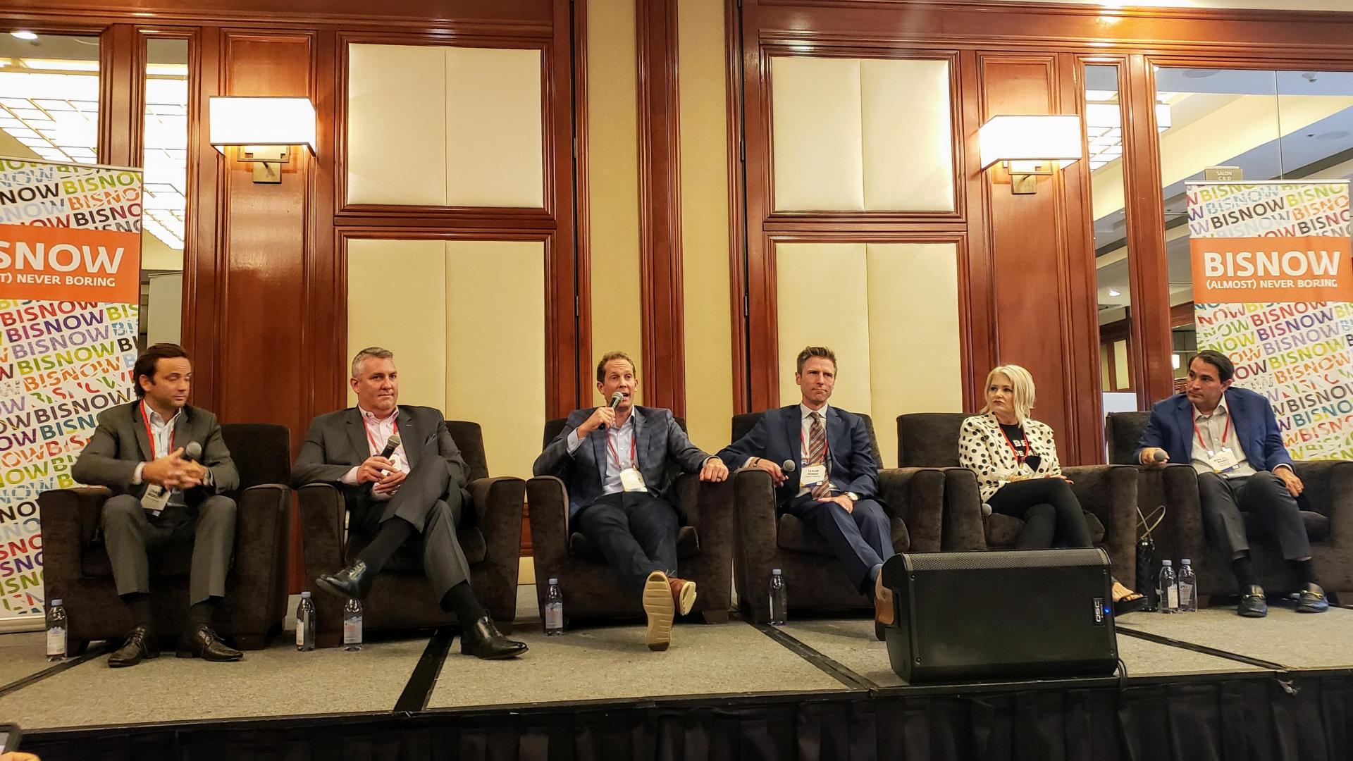 Build Group's Chase Mordy, Newmark Knight Frank's Glenn Rudy, Waterford Property's John Drachman, Urban Commons' Taylor Woods, Millworks' Michelle Molina and CenterCal Properties' Jean-Paul Wardy at Bisnow's Long Beach Boom! event July 23 at the Westin Long Beach 
