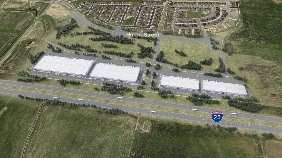 Site plan showing four buildings to be constructed along Interstate 25.