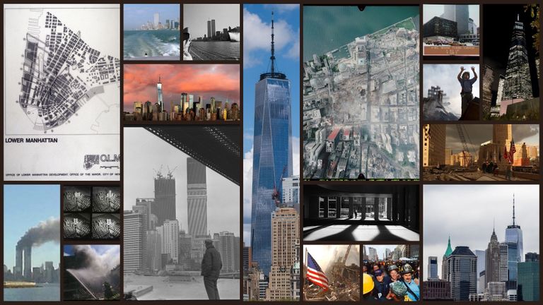Collage showing Lower Manhattan, skyscrapers, construction scenes, and aerial views, highlighting changes to the skyline over time.