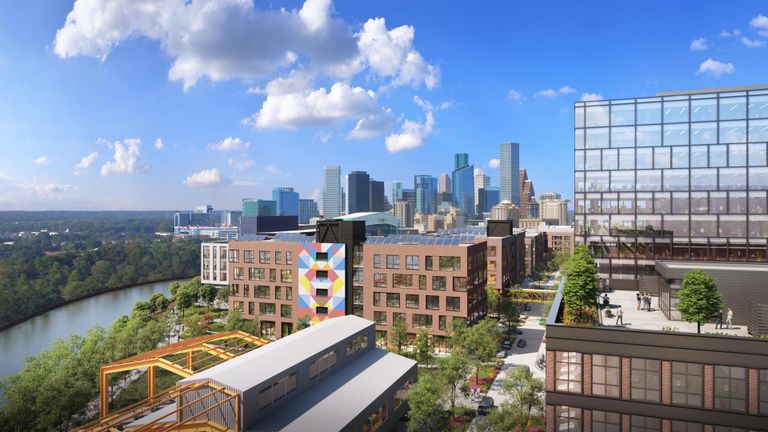 A rendering of Midway's East River project, looking toward Downtown Houston.