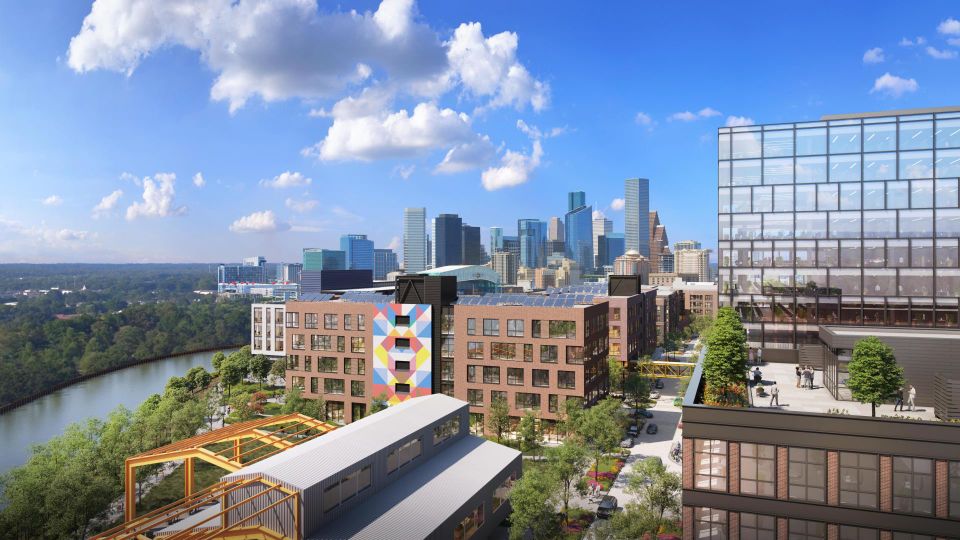 A rendering of Midway's East River project, looking toward Downtown Houston.