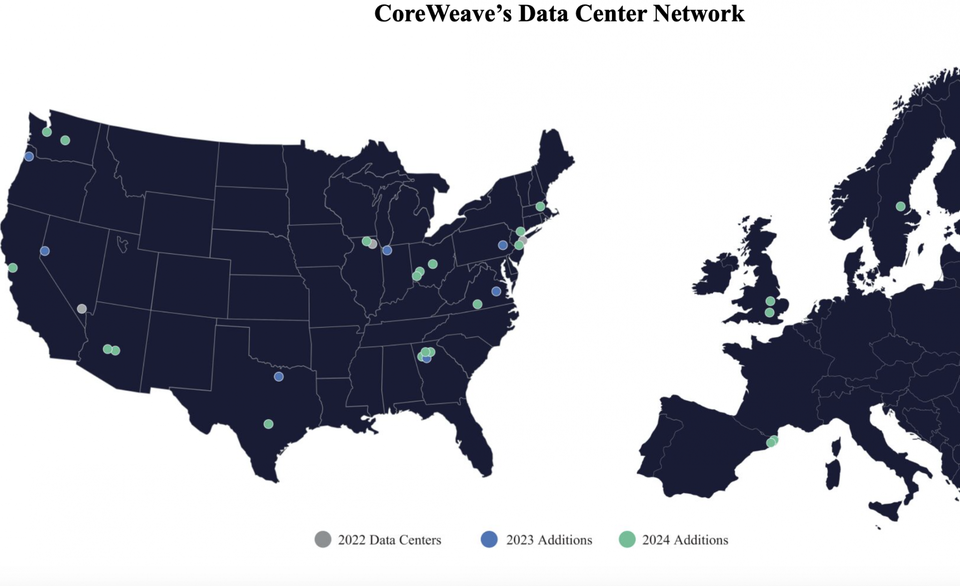 A map from CoreWeave's IPO prospectus showing its data center growth.