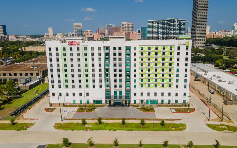 American Liberty Hospitality's 10-story, dual-branded hotel, combining a Hilton Garden Inn and Home2 Suites by Hilton, located at 6840 Almeda Road in the Texas Medical Center.