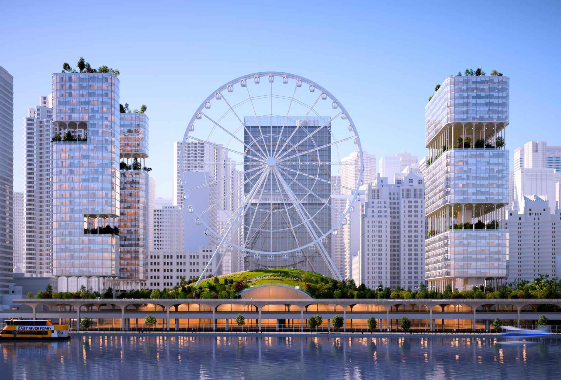 A rendering of the proposed development from the Soloviev Group, featuring a Ferris wheel and a museum dedicated to democracy at a site near the U.N. building in Midtown Manhattan.