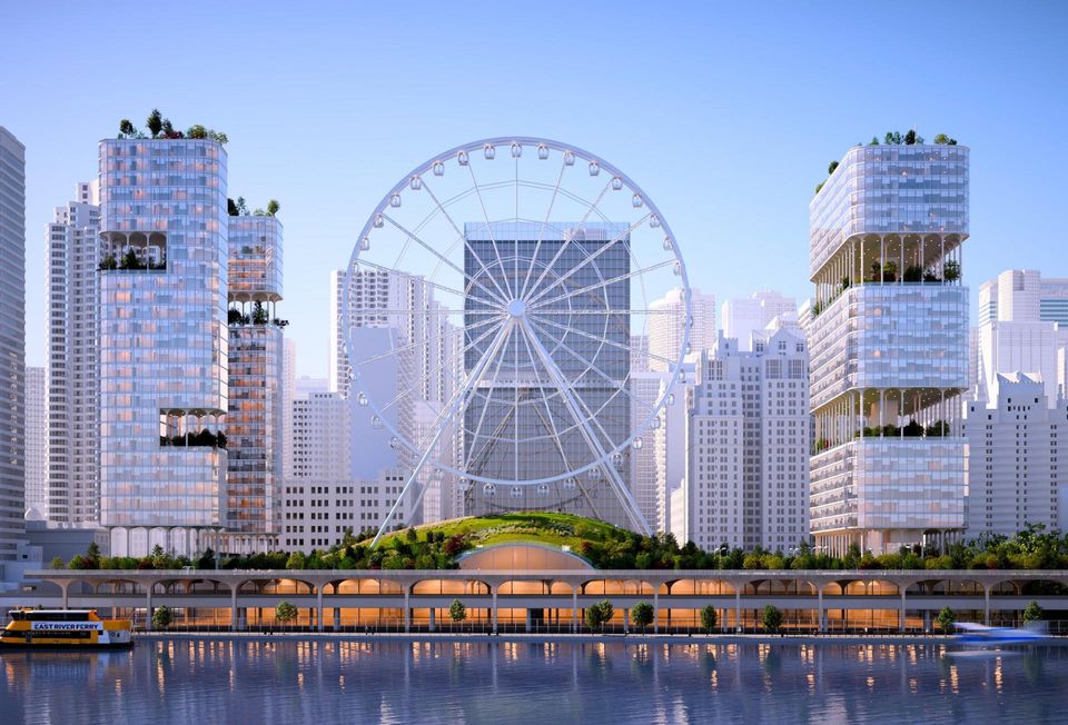 A rendering of the proposed development from the Soloviev Group, featuring a Ferris wheel and a museum dedicated to democracy at a site near the U.N. building in Midtown Manhattan.