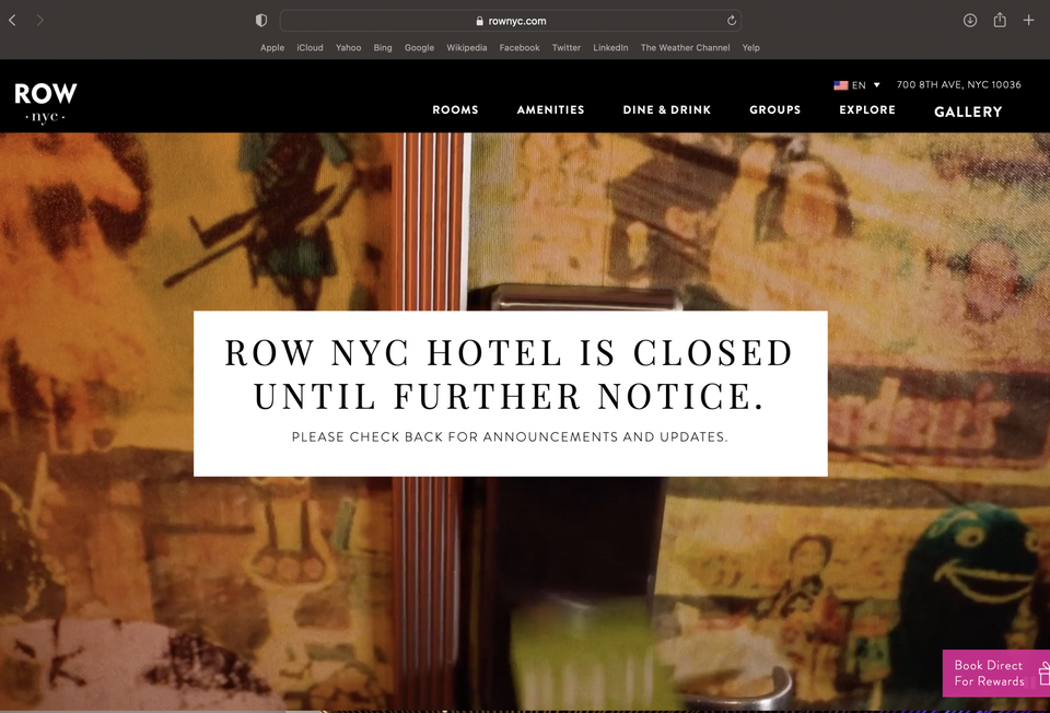 A screengrab of the website for the Row NYC hotel on August 4, 2023.