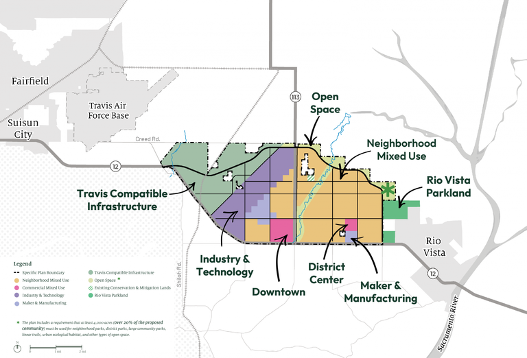 A map showing the proposed zoning of California Forever's city