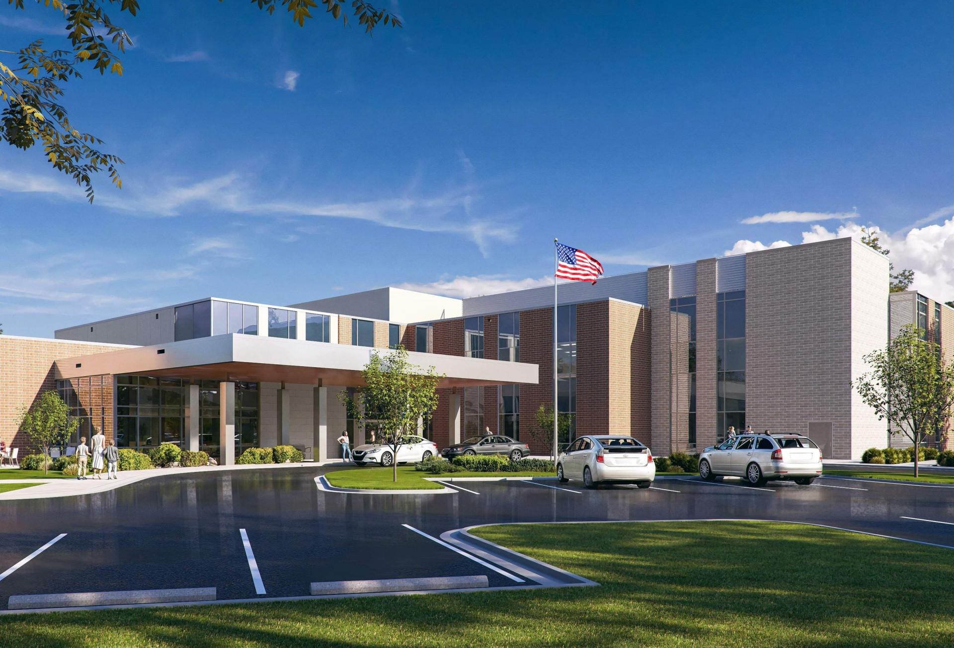 St. Luke's Health Rehabilitation Hospital rendering of a two-story brick building with a parking lot 