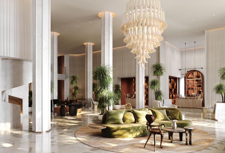 A rendering of the updated lobby in the refurbished Delano South Beach hotel, set to reopen in 2025.