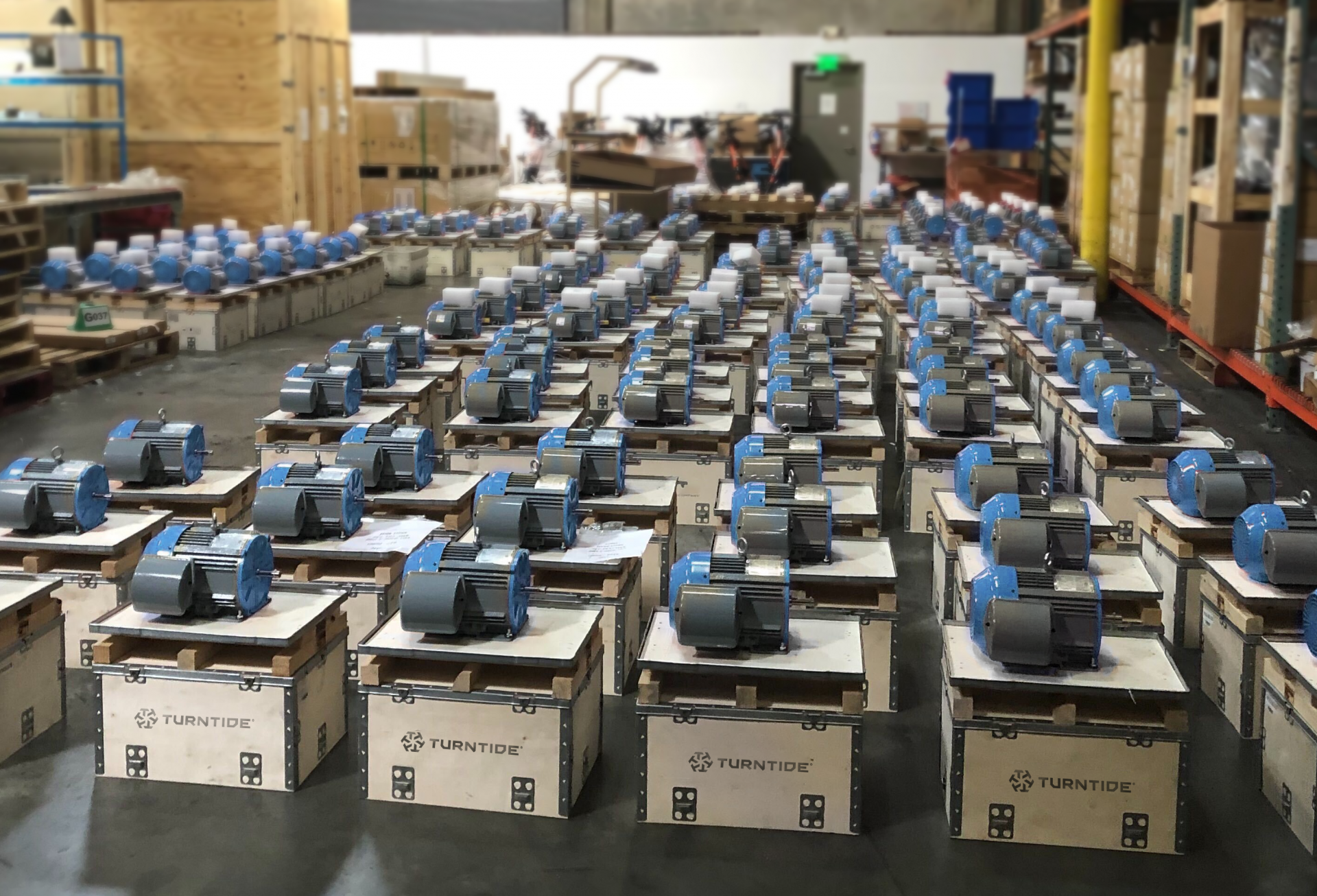 Turntide motors on a warehouse floor prepping for shipment 