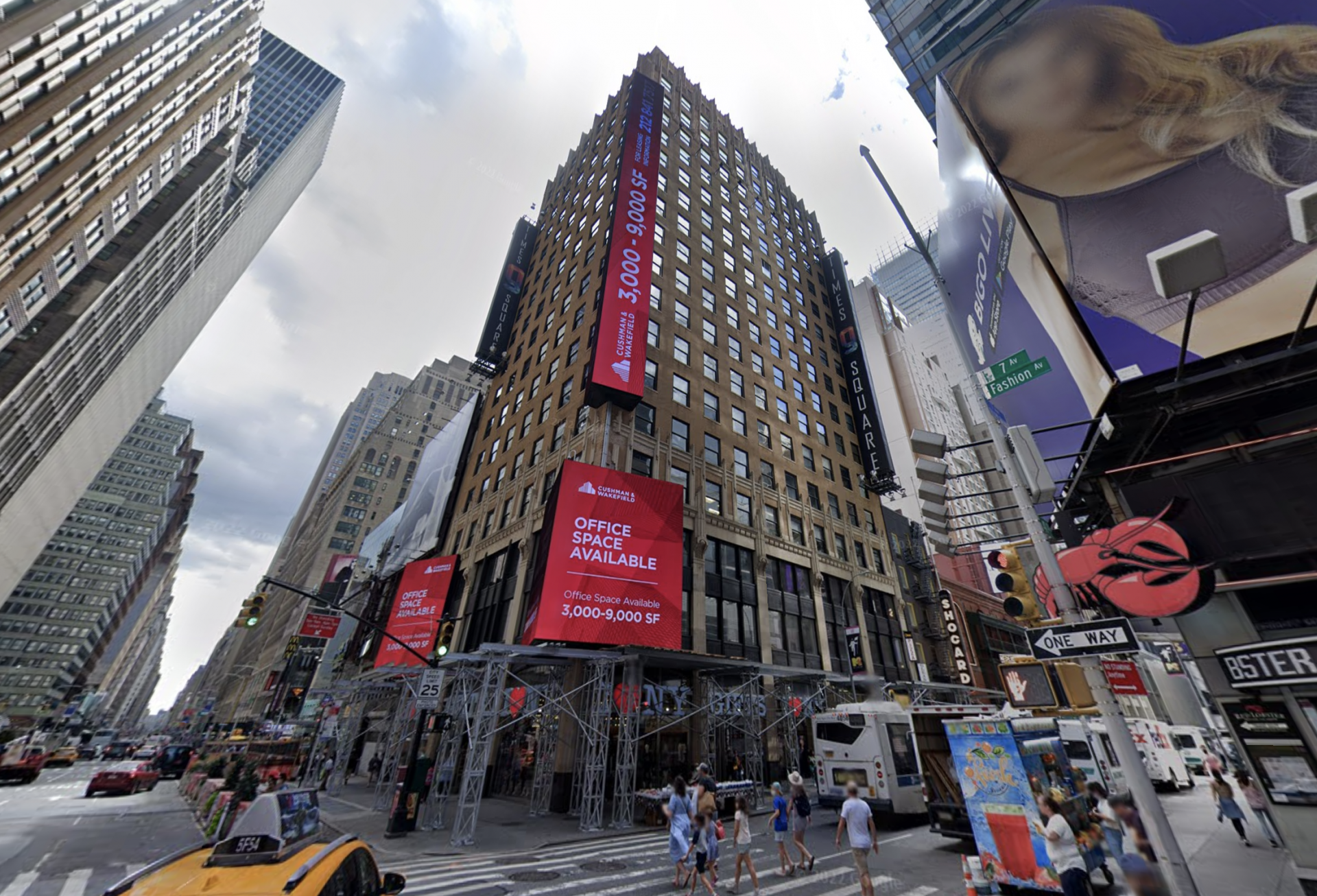 The office and retail building at 9 Times Square in New York went under contract in June for $100M less than its prior purchase price. 9 Times Square New York