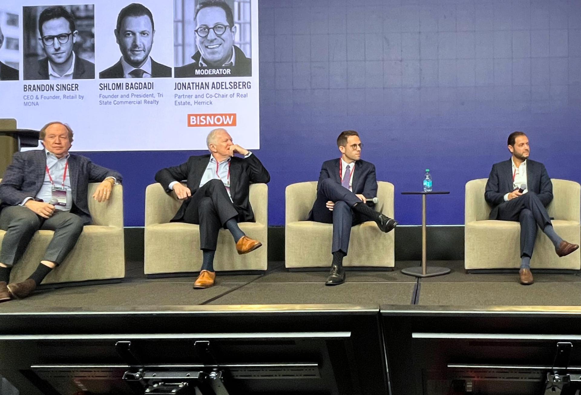 Oxford Properties Group's Dean Shapiro, BXP's Rich Monopoli, Retail by MONA's Brandon Singer, CEO & Founder and Tri State Commercial Realty's Shlomi Bagdadi onstage at Bisnow's 2025 New York City State of the Market event.