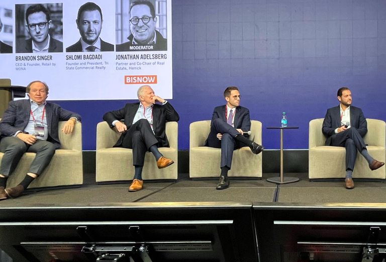 Oxford Properties Group's Dean Shapiro, BXP's Rich Monopoli, Retail by MONA's Brandon Singer, CEO & Founder and Tri State Commercial Realty's Shlomi Bagdadi onstage at Bisnow's 2025 New York City State of the Market event.