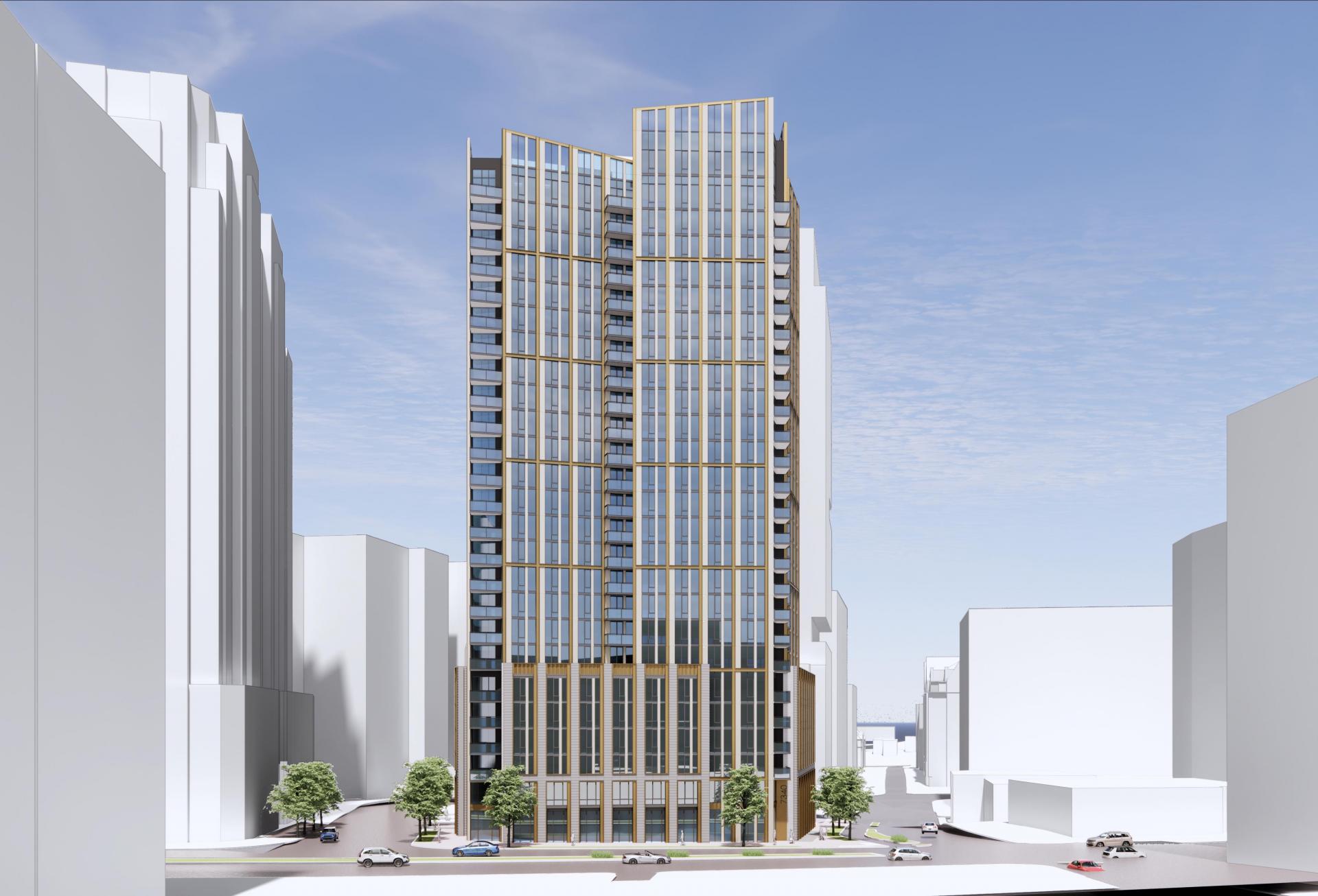 Rendering of proposed high-rise residential building at 7340 Wisconsin Ave. in Bethesda