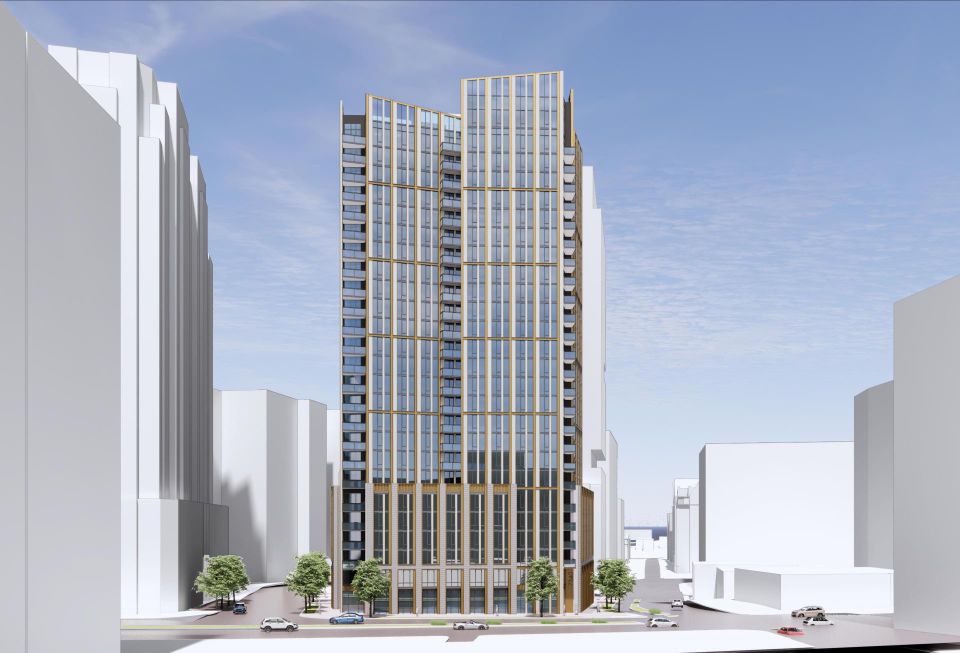 Rendering of proposed high-rise residential building at 7340 Wisconsin Ave. in Bethesda