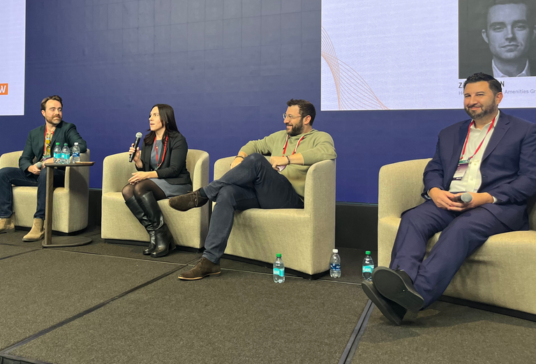 Silverstein Properties' Joseph Artusa, Sage Realty's Jonathan Kaufman Iger, Kinema Fitness Inc.'s Leah Atkinson and Arch Amenities Group's Zach Pointon onstage at Bisnow's 2025 New York City State of the Market event.