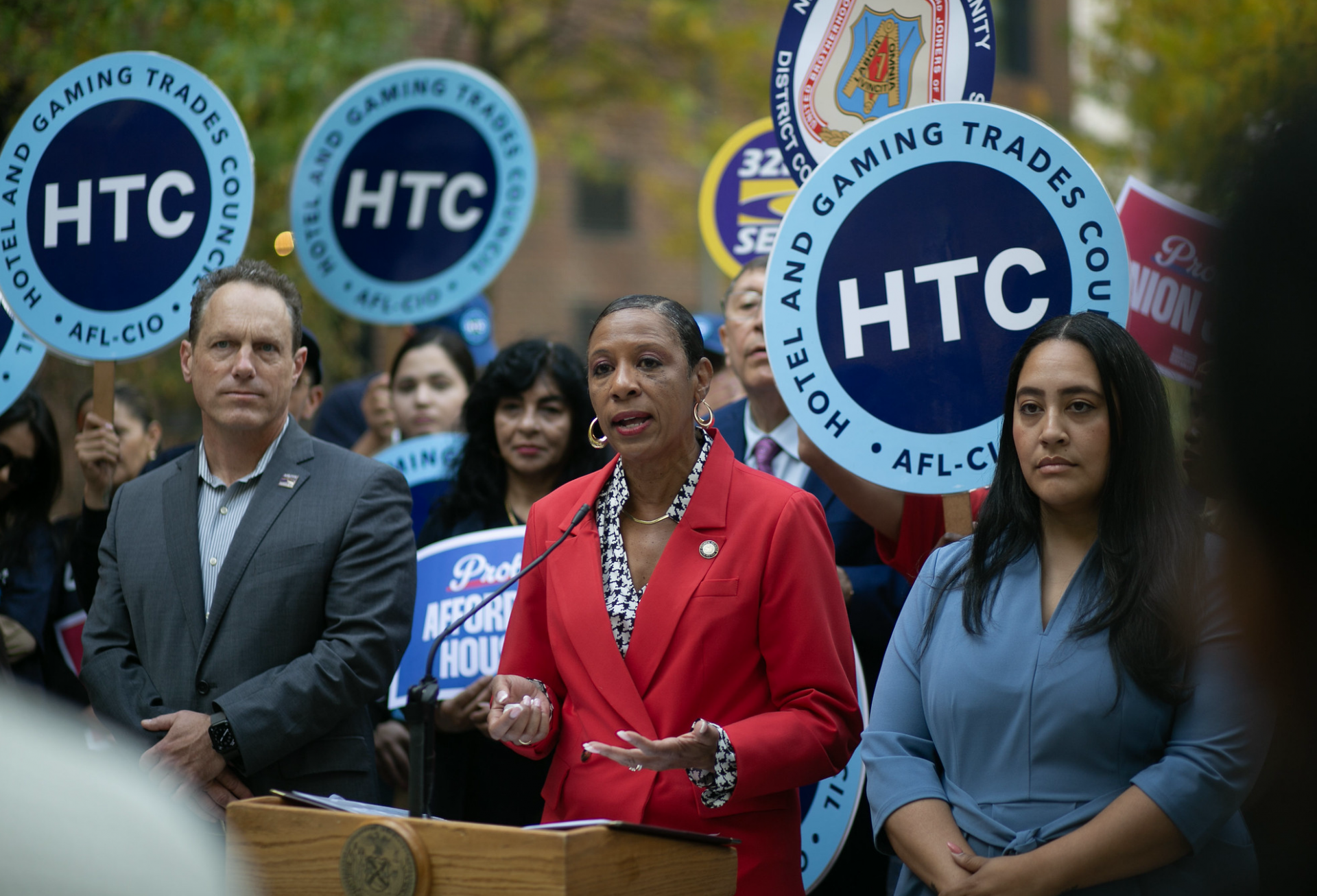 City Council Speaker Adrienne Adams and Majority Leader Amanda Farías at an Oct. 7 rally against the ballot measures.