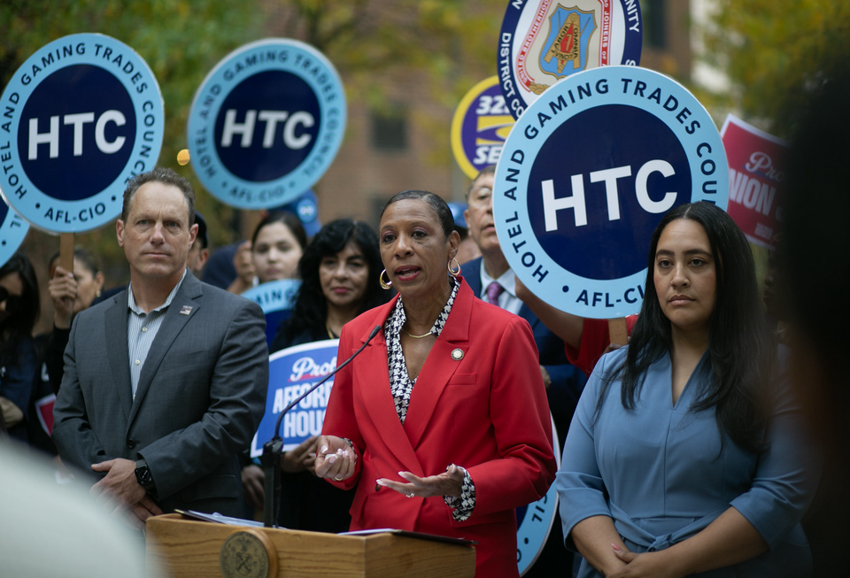City Council Speaker Adrienne Adams and Majority Leader Amanda Farías at an Oct. 7 rally against the ballot measures.