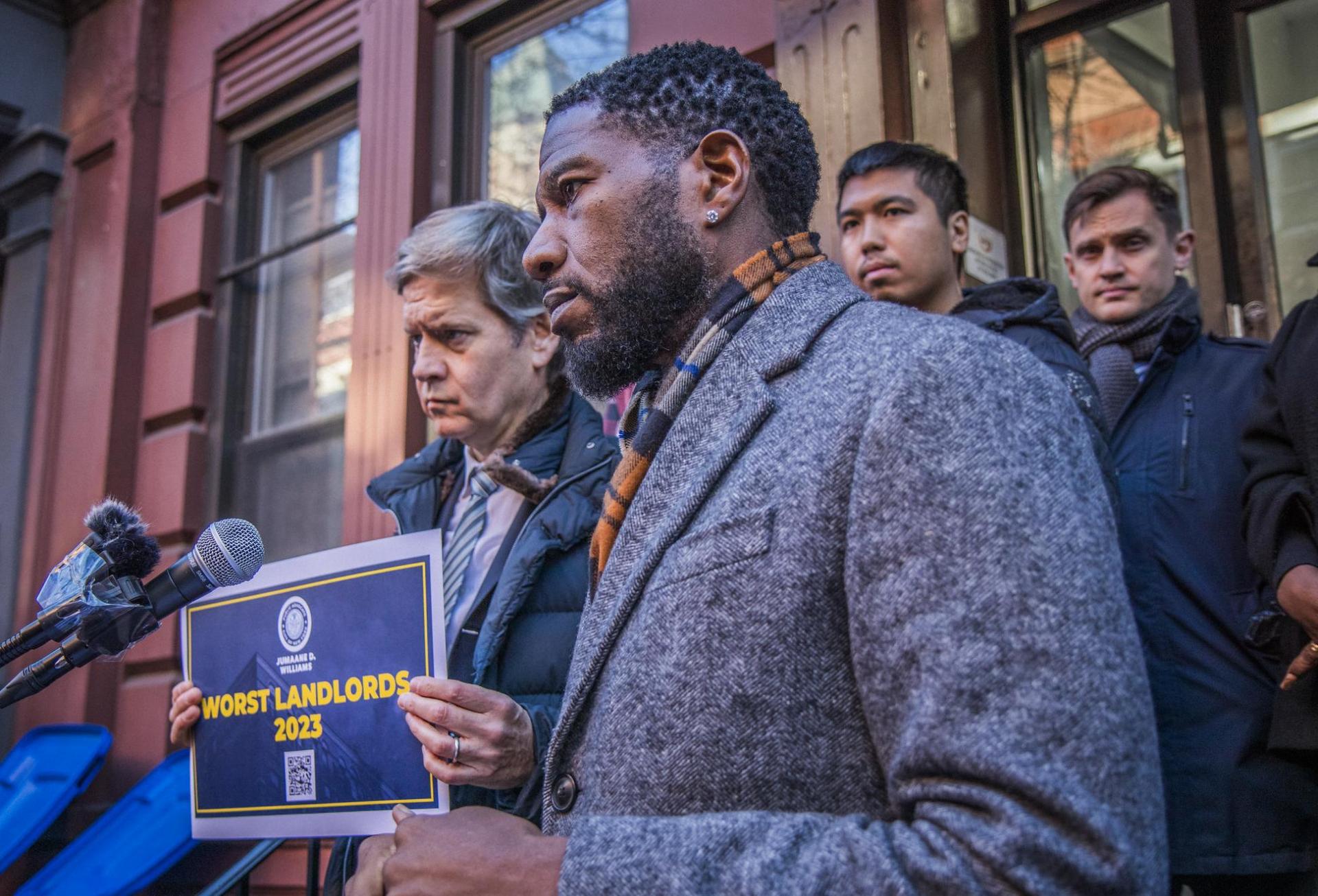 Public Advocate Jumaane Williams In December 2023, Unveiling His Office's Annual List Of New York City's Worst Landlords. Public Advocate Jumaane Williams in December 2023, unveiling his office's annual list of New York City's worst landlords.